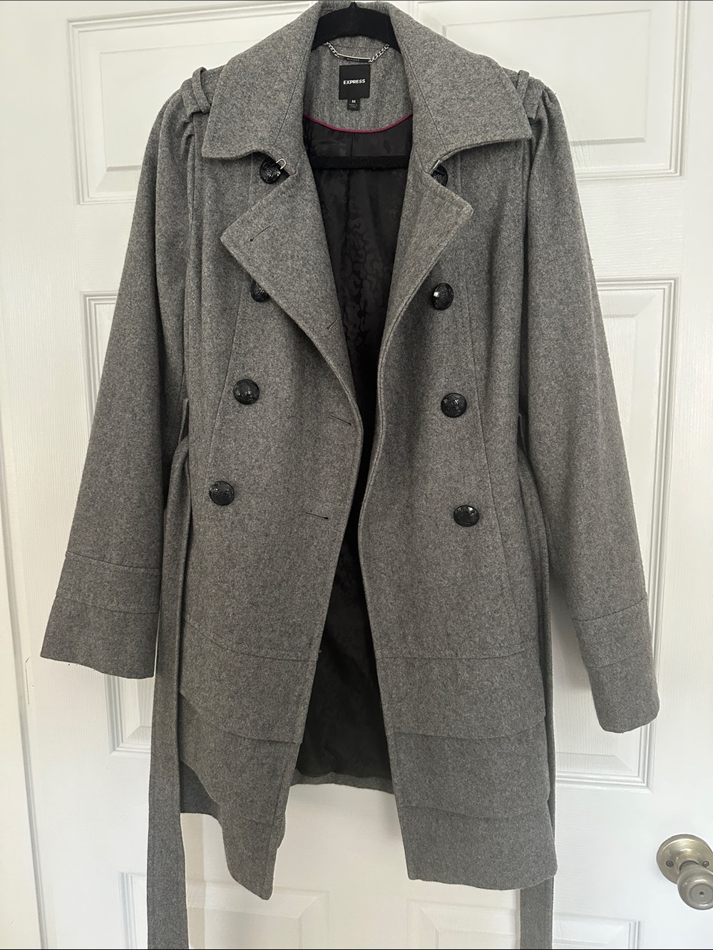 Express Gray Double-Breasted Pea Coat with Belt